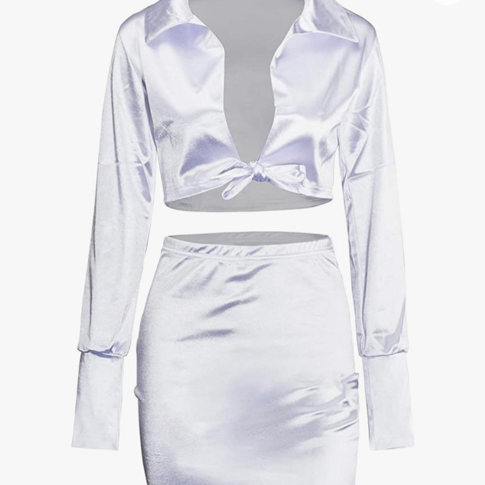 Satin Ivory Nightlife 2-Piece Set;Cropped Long Sleeve w/ Mini Skirt, Fashionnova